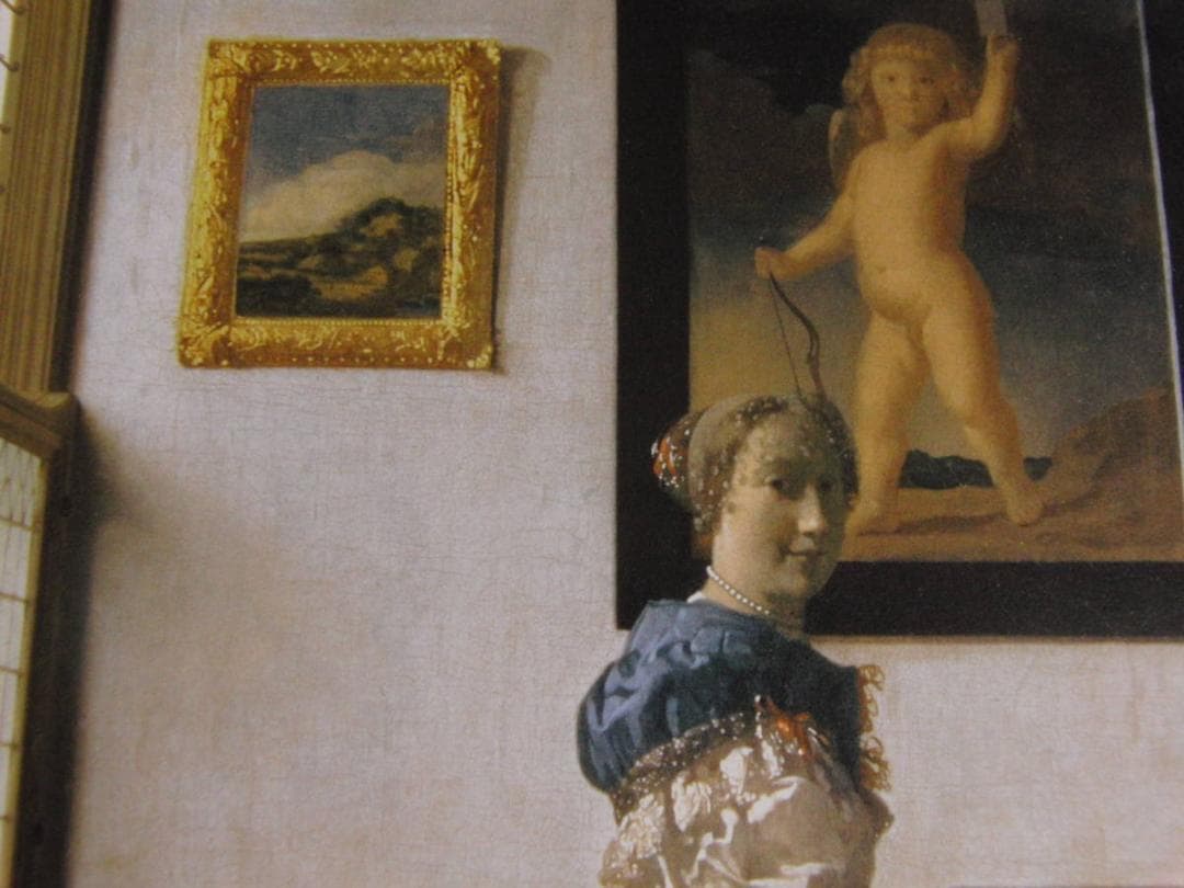 ヨハネス・フェルメール、「ヴァージナルの前に立つ女」、希少な画集の額装画