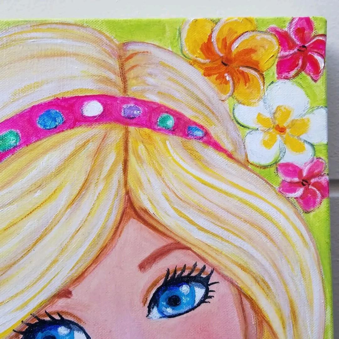 油絵　マミ　白猫とバービーちゃんのような私とプルメリア