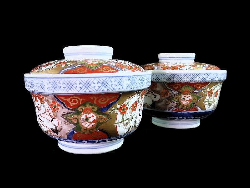 古伊万里　金襴手　双鶴に梅花の図　大振蓋茶碗　2客　D747AS-CHr