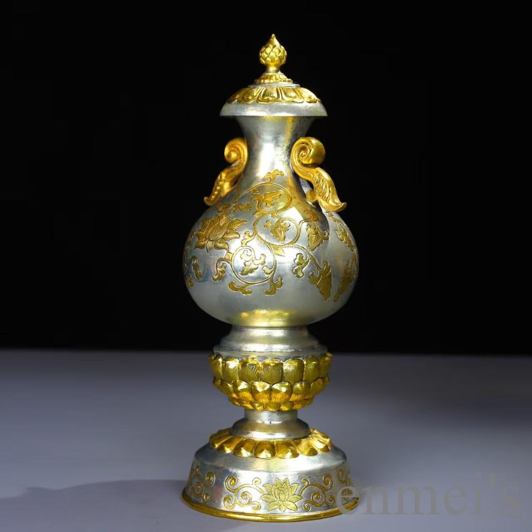 中国古美術 鍍金銅瓶 水差し 手彫り 鏨刻 純銅製 花器 床の間飾り 細工 置物