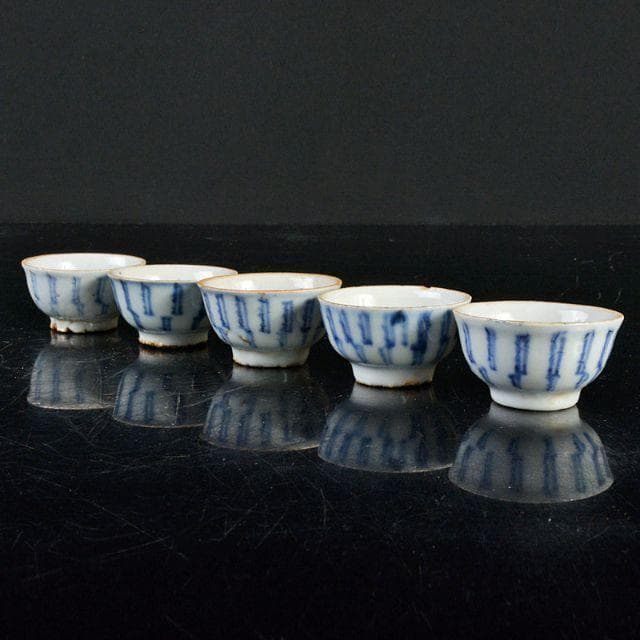 煎茶道具　南京染付　線文　茶杯　ぐい呑　五客　時代箱付　古玩