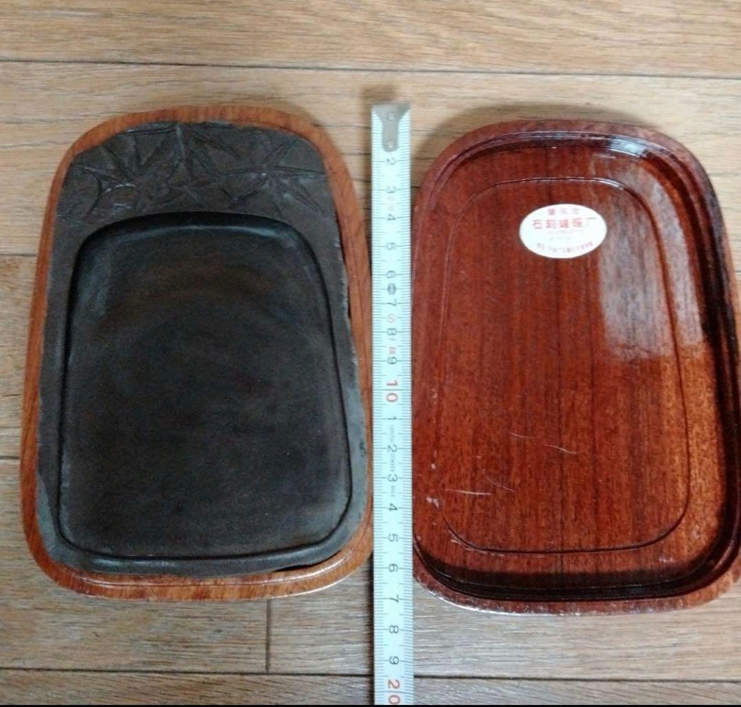 中国骨董大きめ端州石硯【中国端渓梅花坑四辺細工彫刻梅鶯図貴重紫端古硯】唐木硯箱付