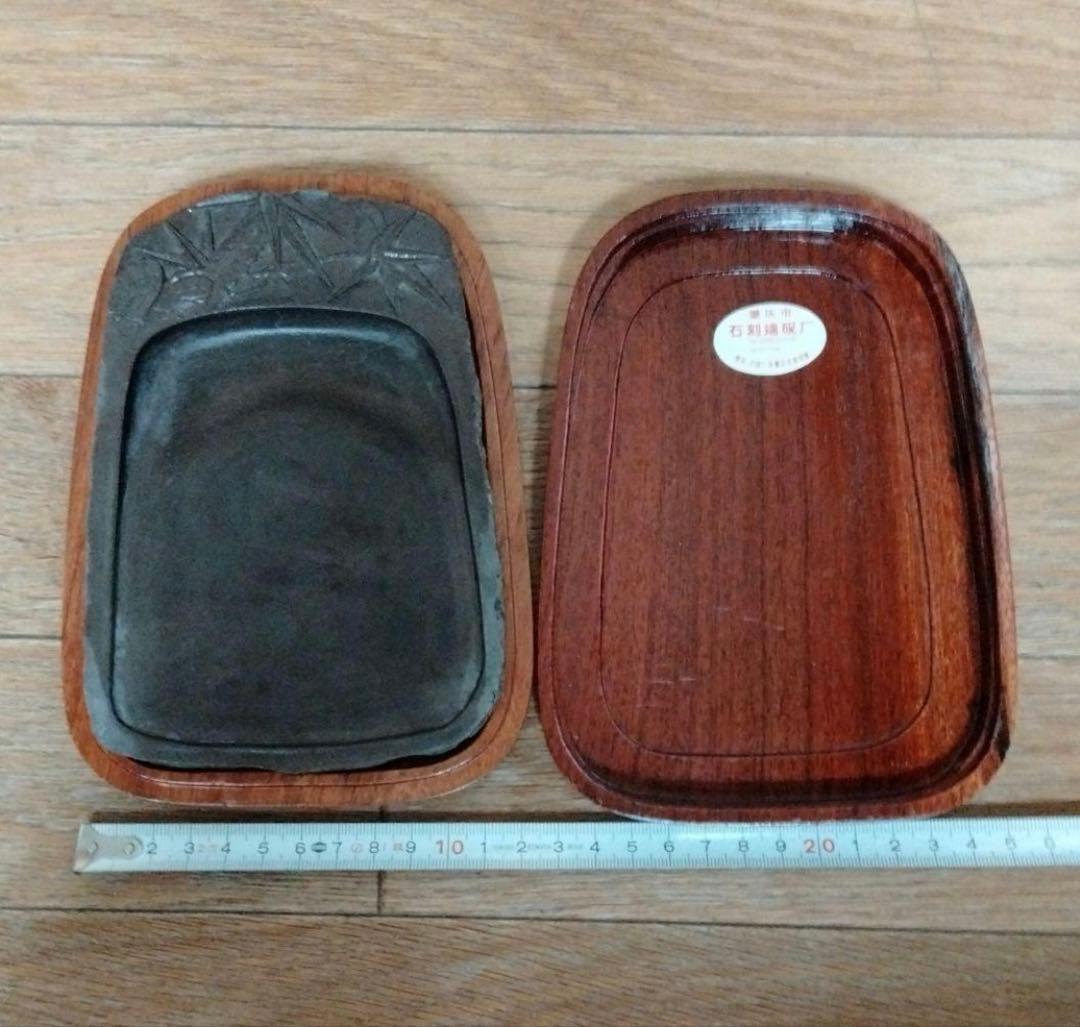 中国骨董大きめ端州石硯【中国端渓梅花坑四辺細工彫刻梅鶯図貴重紫端古硯】唐木硯箱付