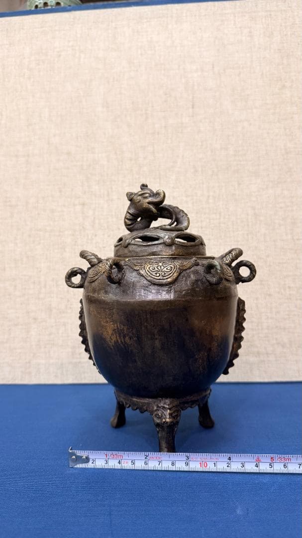 龍装飾の青銅香炉／鋳物工芸／古色仕上げ雅趣ある佇まい 仏具 高さ21 × 幅14