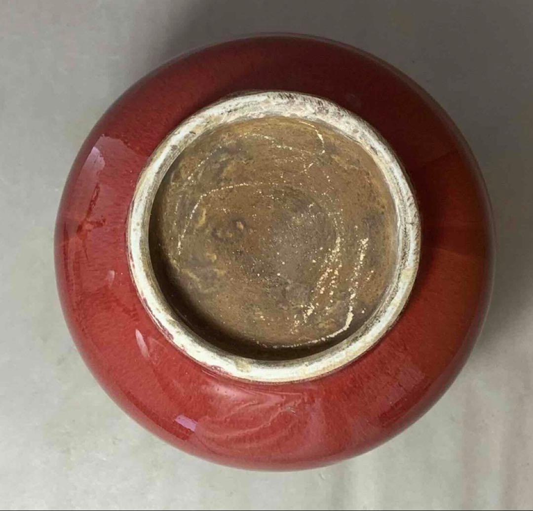中国 紅釉羊耳付壺　f2250914