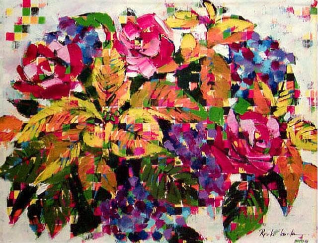 油絵 菅家令子 絵 絵画インテリア額付(青緑＋金色の枠) uF6-061704花