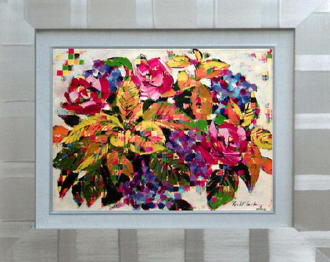 油絵 菅家令子 絵 絵画インテリア額付(青緑＋金色の枠) uF6-061704花