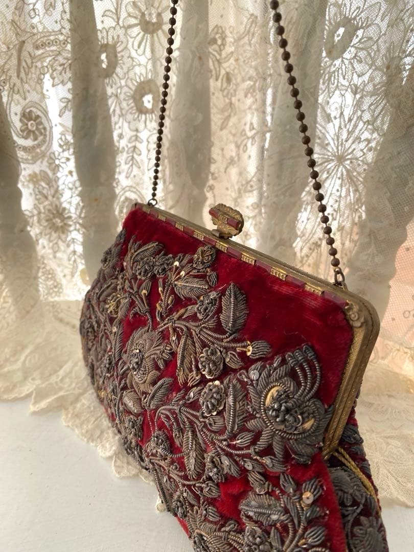 英国アンティークゴールドメタリック手刺繍パース　ベルベット　瑪瑙イギリス　花