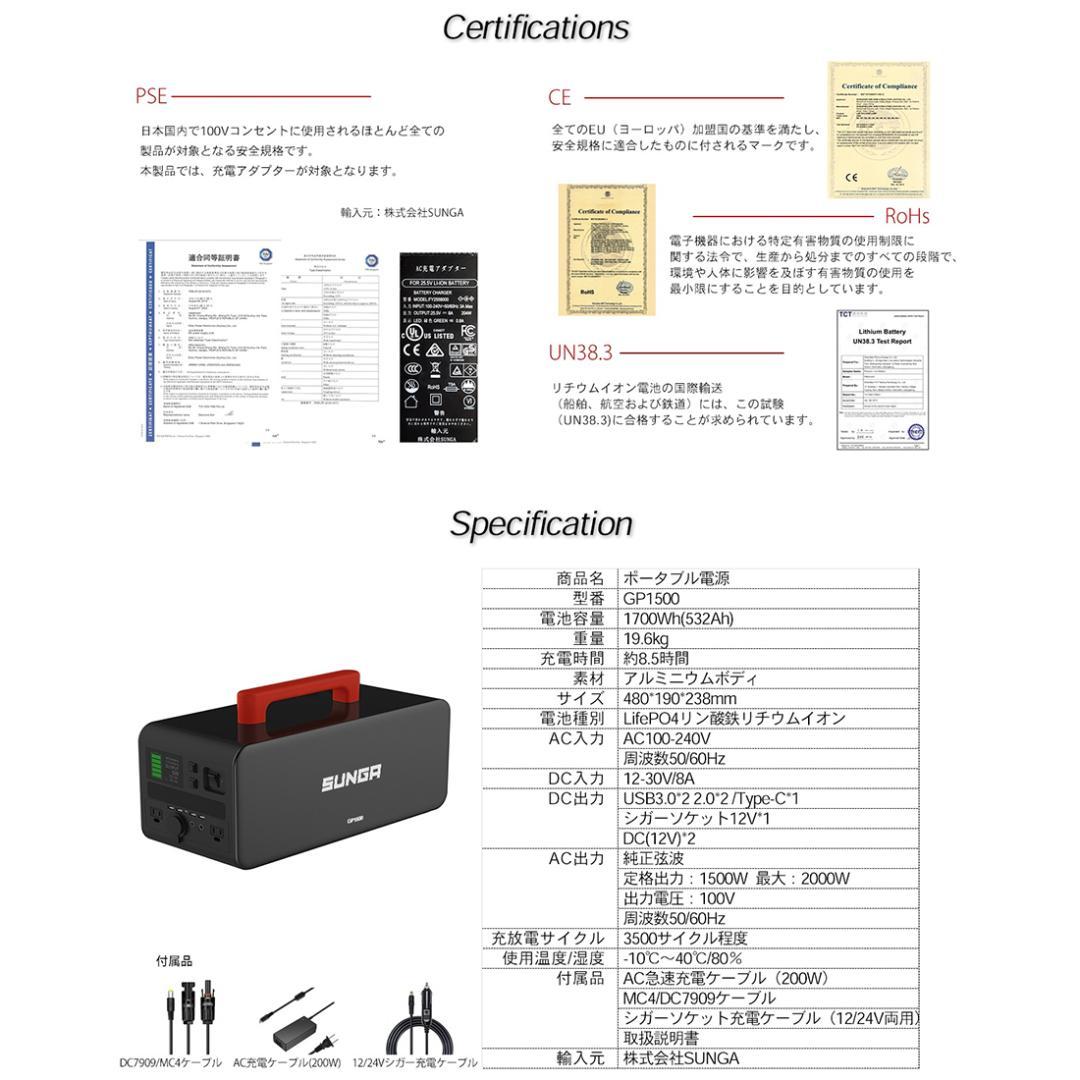 SUNGA ポータブル電源 GP1500 ポータブルバッテリー インバーター