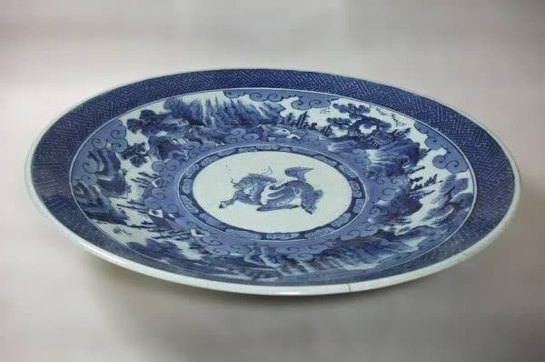 古伊万里 染付 麒麟 雲文 山水 大皿 江戸後期 継ぎ手 径;47cm 骨董