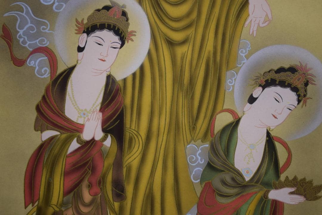 真作/紫雪/三尊仏/三尊佛/桐共箱付/布袋屋掛軸HH-582