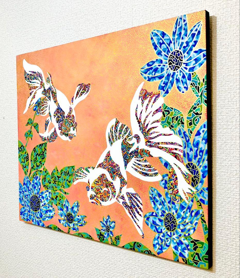 原画　金魚　動物画　絵画　アクリル画　現代アート　細密画　手描き　一点物