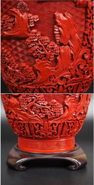 送料無料極上品　細密山水楼閣彫堆朱花瓶 紫檀台付 　全高さ40ｃｍ　中国古玩