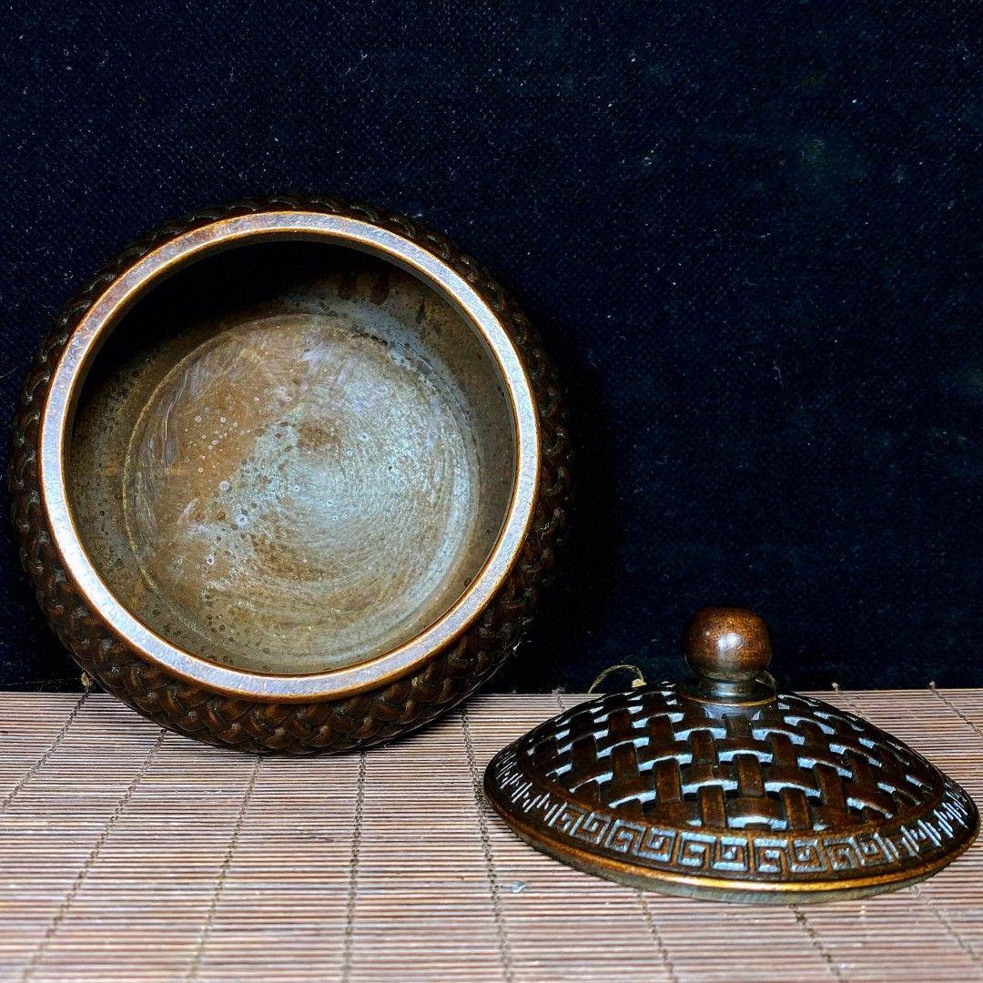 銅 細工 網蓋格子香炉 香道具 銅香炉 現代工芸品 置物