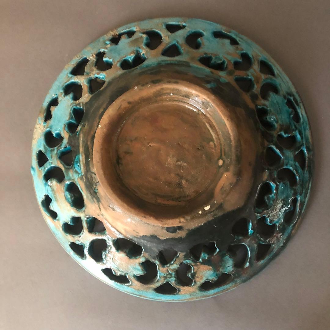 ペルシャ陶器　骨董　青瓷窯　花草文様　飾皿　イスラエル陶器　古美術