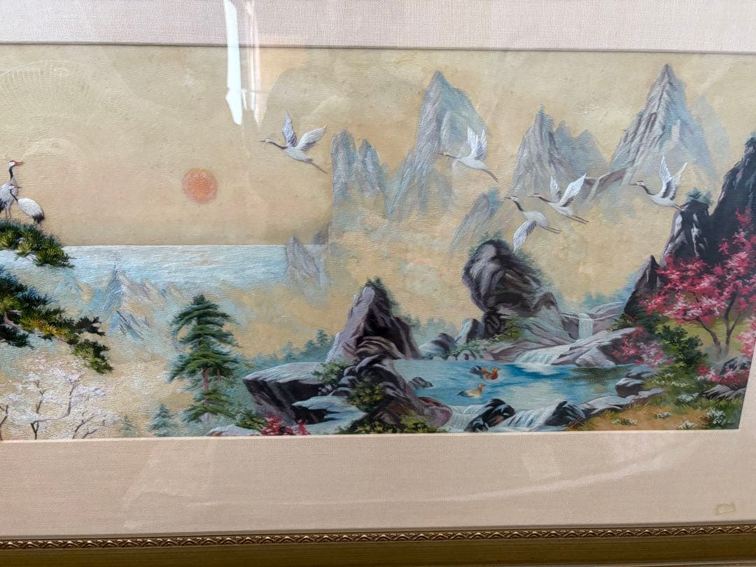 北朝鮮作家　刺繍絵　風景画　額縁付