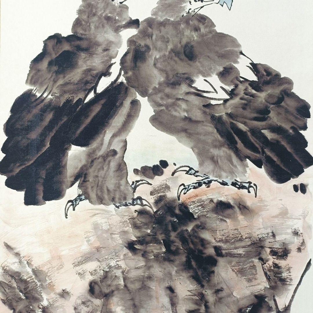 中国水墨画 掛け軸 李苦禅《遠瞻山河》 三尺 中堂掛け軸／装裱済み／実物撮影