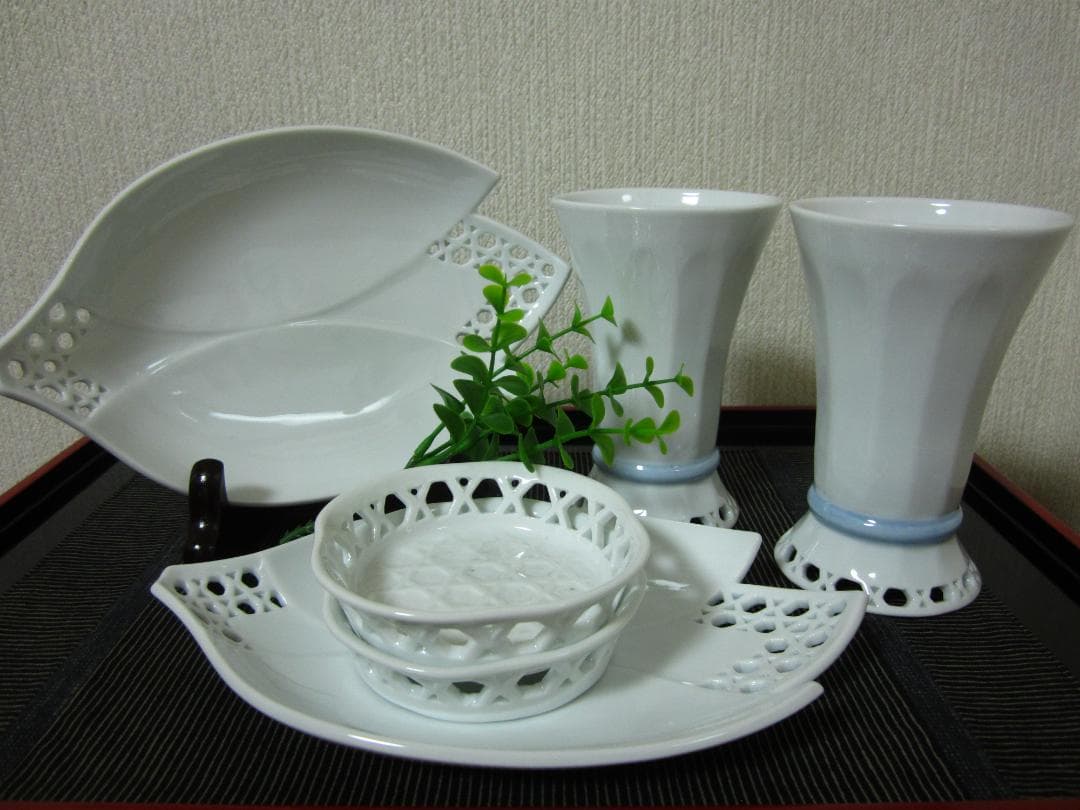 ６点◆平戸焼 三川内焼◆十四代 玉泉作◆冷茶・焼酎・ビールグラス②茶托②盛皿②