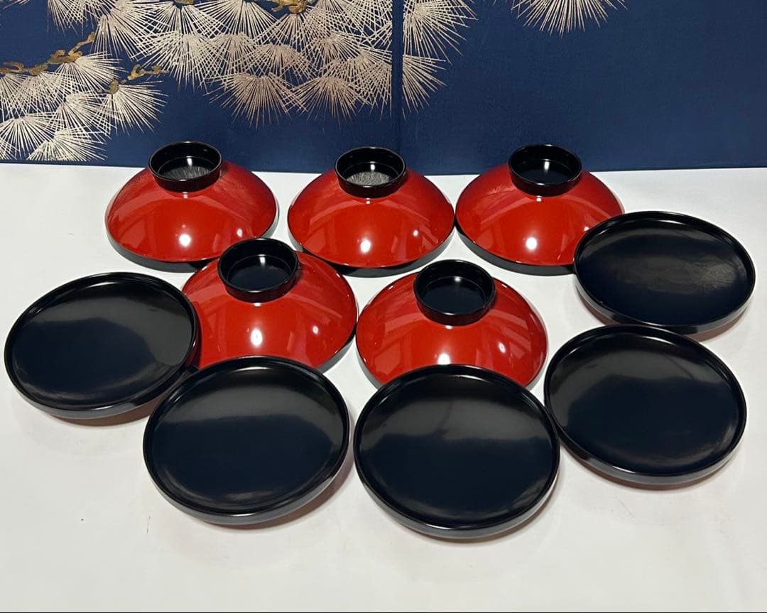 輪島塗　天然木 漆器 蒔絵 多用椀 5個セット 赤と黒 葉模様
