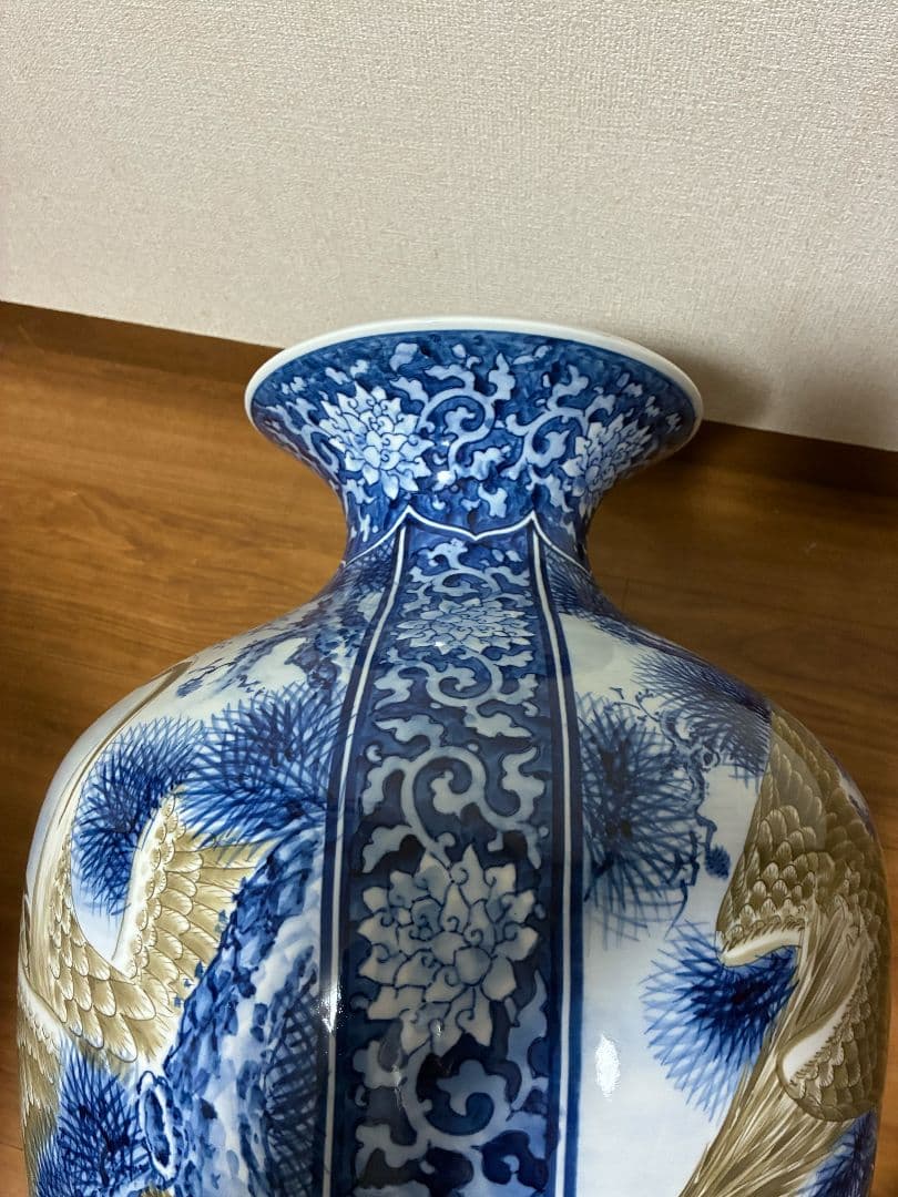 青白陶器花瓶 鶴 鷹 鯉