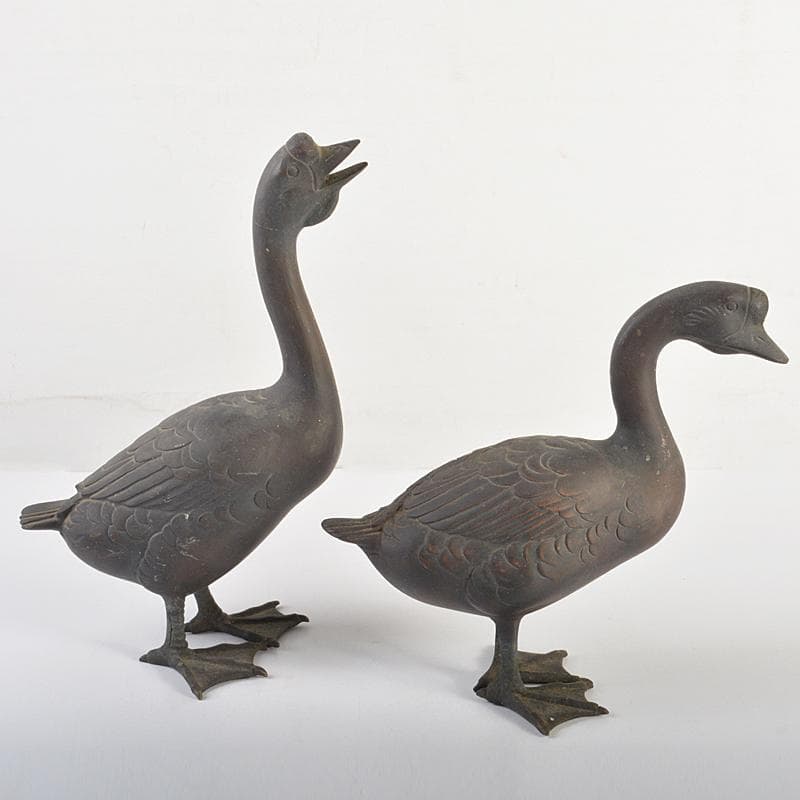 金工　秀山作　鋳銅　家鴨　アヒル　置物　一對　重さ合計約3.2㎏　G　R7513