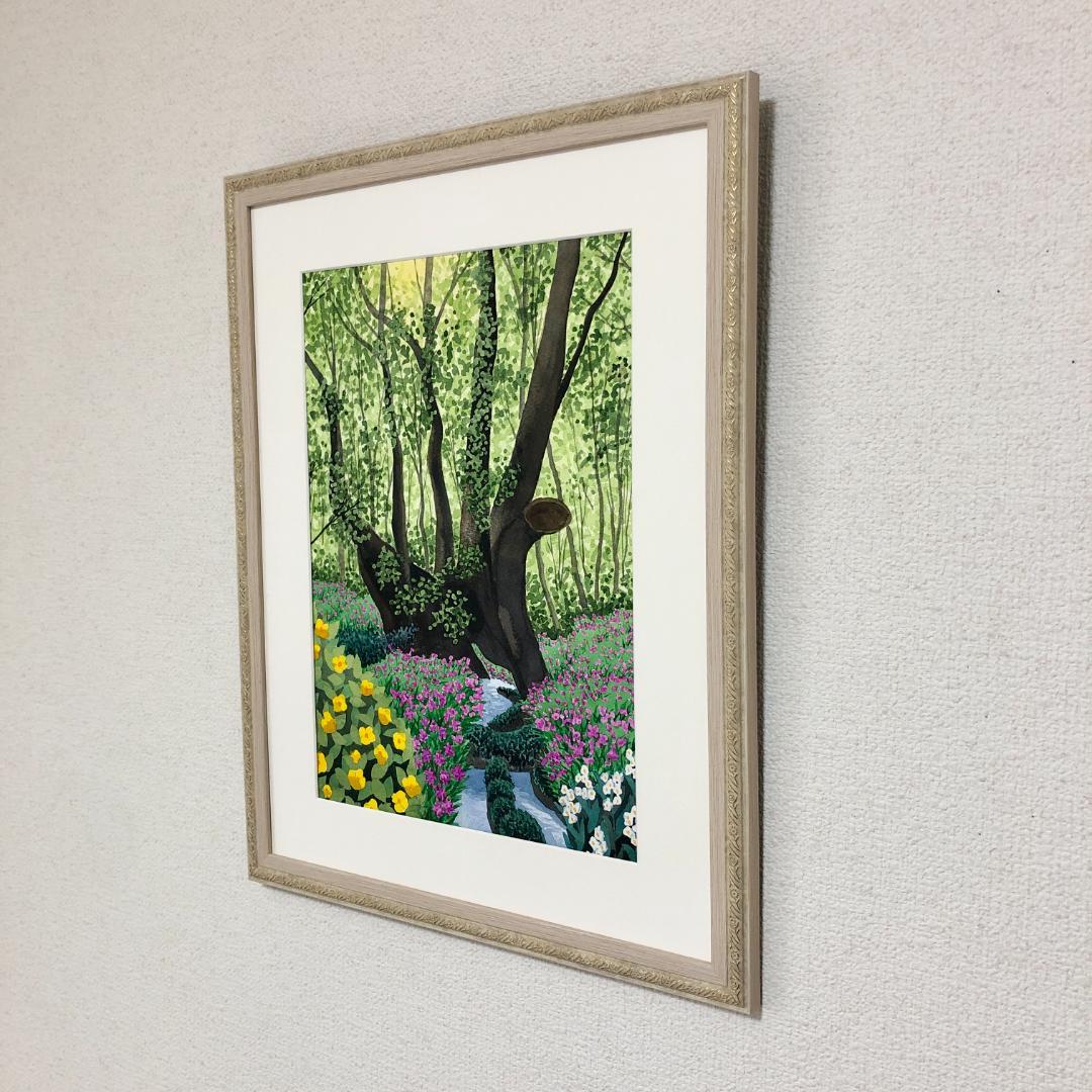 透明水彩画　原画　「千年の大樹とカタクリの花」額縁付　F4サイズ