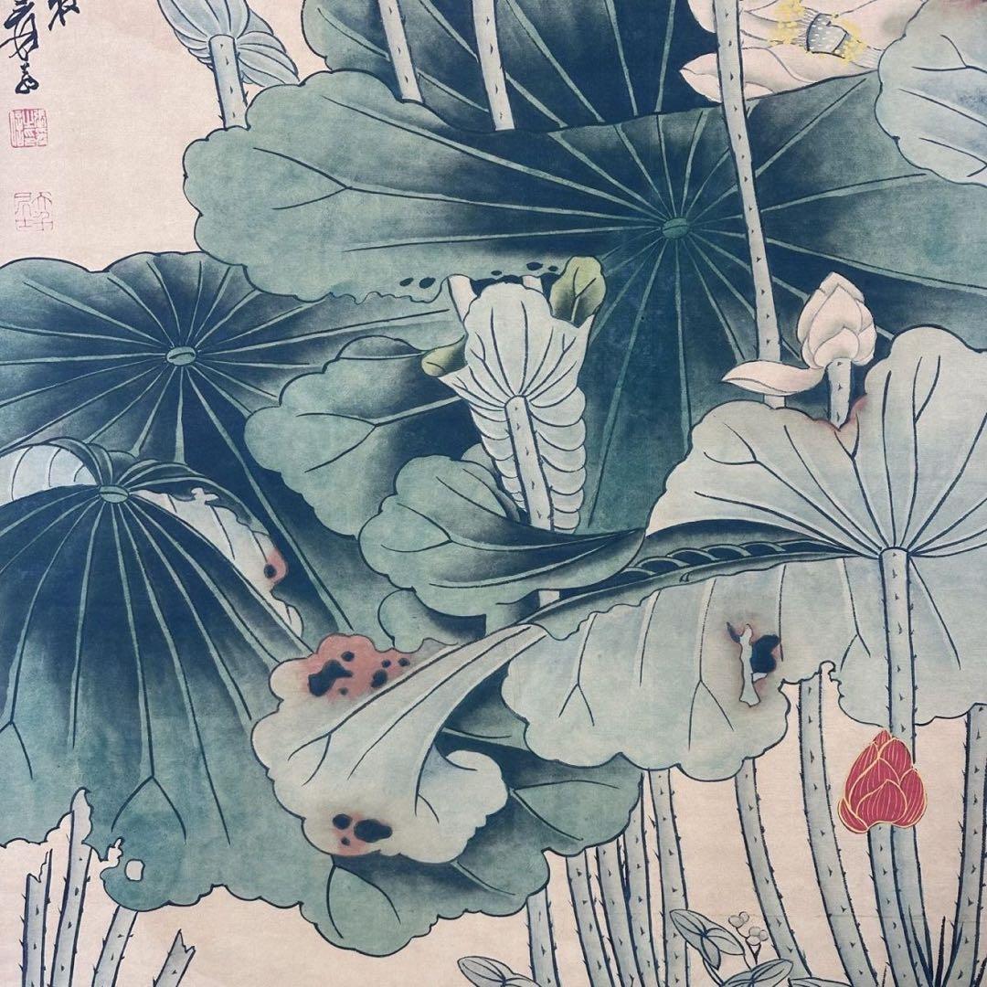 張大千 嘉荷図 掛け軸 中堂 蓮花図 中国画 表装済 サイズ：70×173cm
