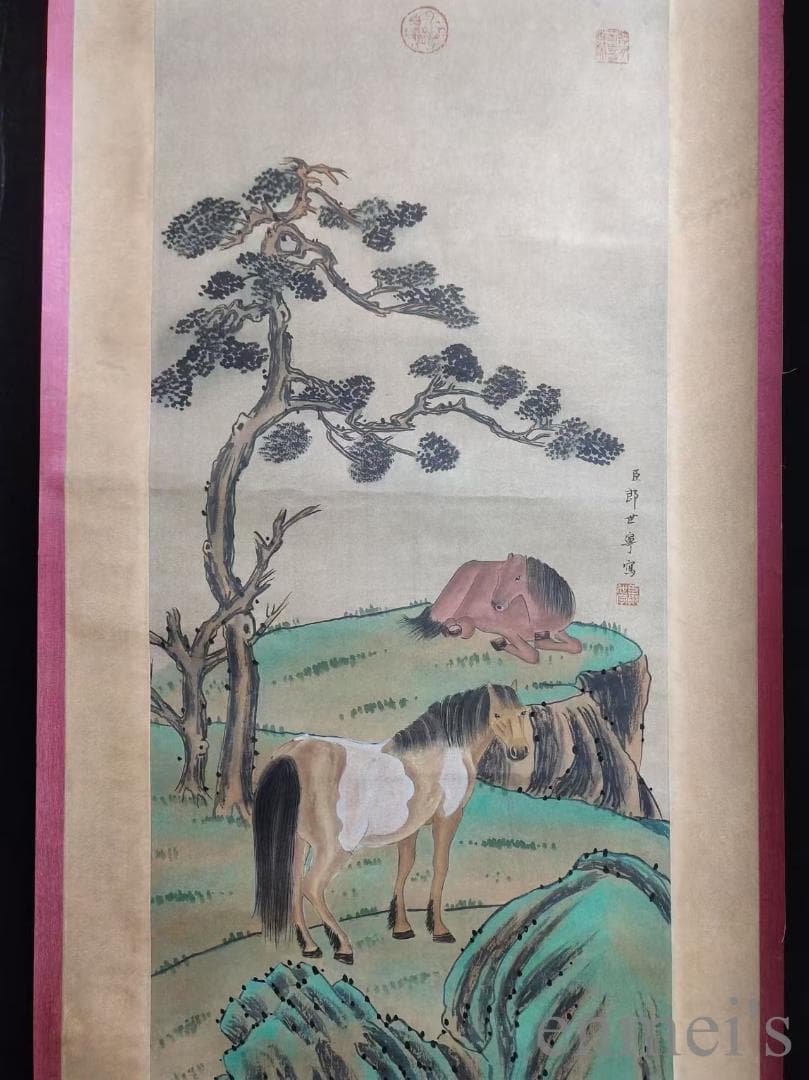 中国古美術.清時代.郎世寧款.駿馬図.宣紙画.三尺手描き.掛け軸.絵画.文房置物