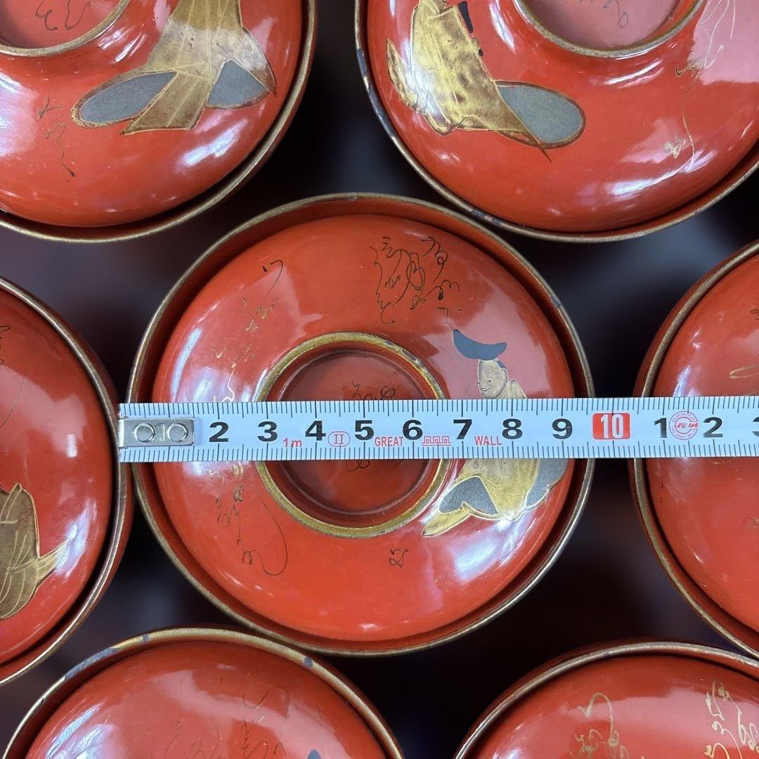 漆器 赤色 金箔装飾 絵変わり和歌 椀 10客セット 共箱