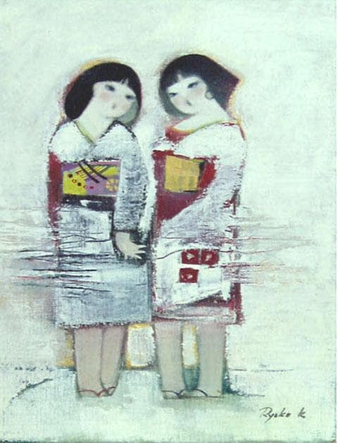 油絵 菅家令子 絵 絵画 インテリア額付(黒) F4-252023 雪国子供たち