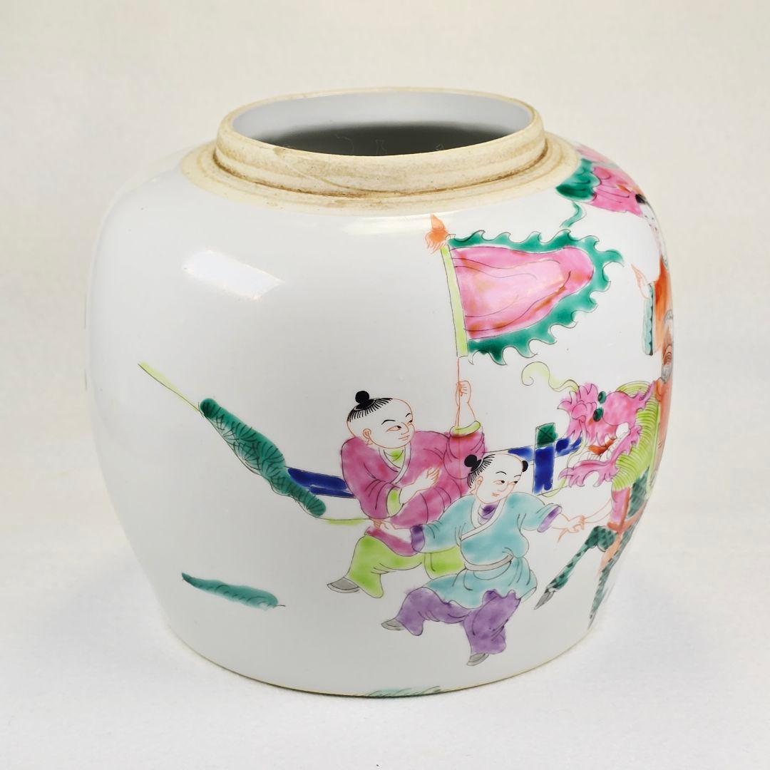 舶来品 中国古磁 五彩 手絵 麒麟天官送子図 大型 姜缶 人頭缶 清同治在銘