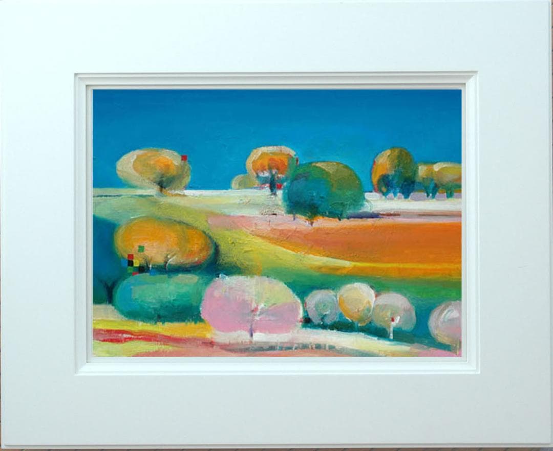 油絵 菅家令子 絵画インテリア額付(青緑＋金色の枠)uF6-110809風景田園