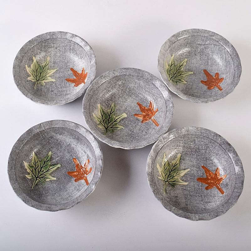 北大路魯山人作　布目紅葉小鉢　五客　共布　黒田陶々庵極め箱　F　R8458B