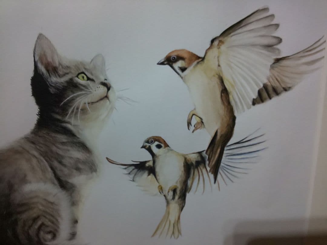 手書き 水彩画 絵画 猫とすずめ