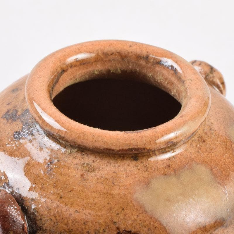 茶道具　萩焼　守繁栄徹作　耳付茶入　名物鷄頭金襴仕覆付　共布共箱　V　8498
