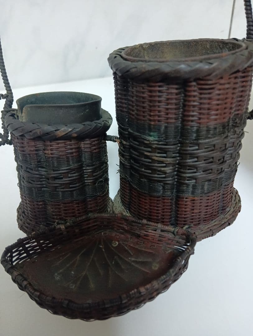 江戸時代武家旧家蔵出古銅製編込み細工茶道具置物アンティーク飾りコレクション