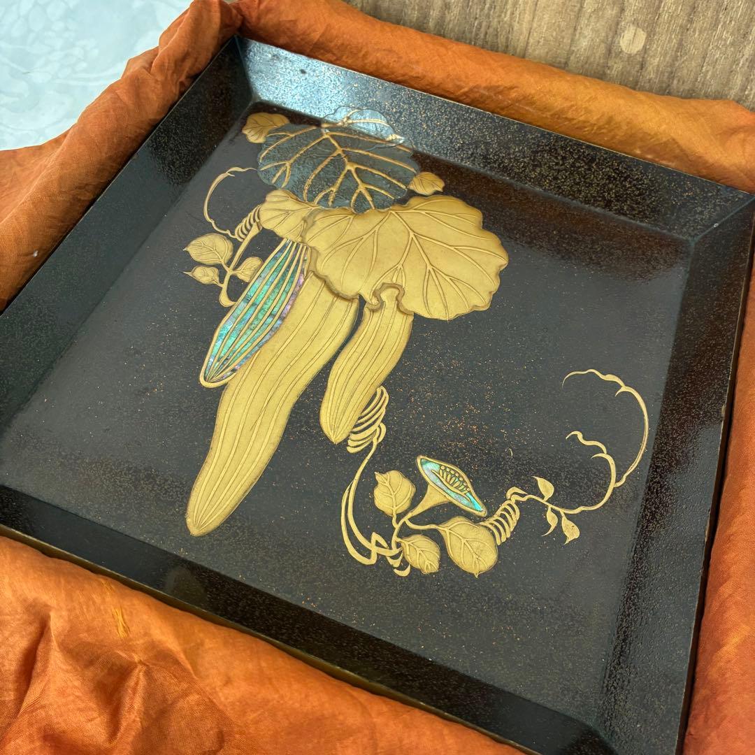 蒔絵 四方盆 へちま 螺鈿 共箱 木製 蒔絵盆 香盆 茶道具 骨董品