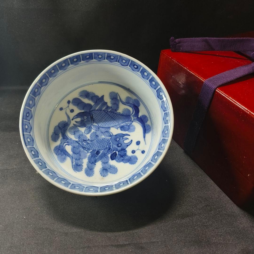 大明嘉慶年製 染付お碗 手描き龍魚文 中国骨董 古美術 アンティーク 蒐集家放出
