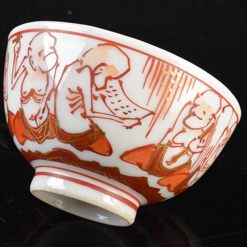 九谷焼　青木木米　聾米造　赤絵金彩　人物文　煎茶碗　十客　時代箱付　MR6559