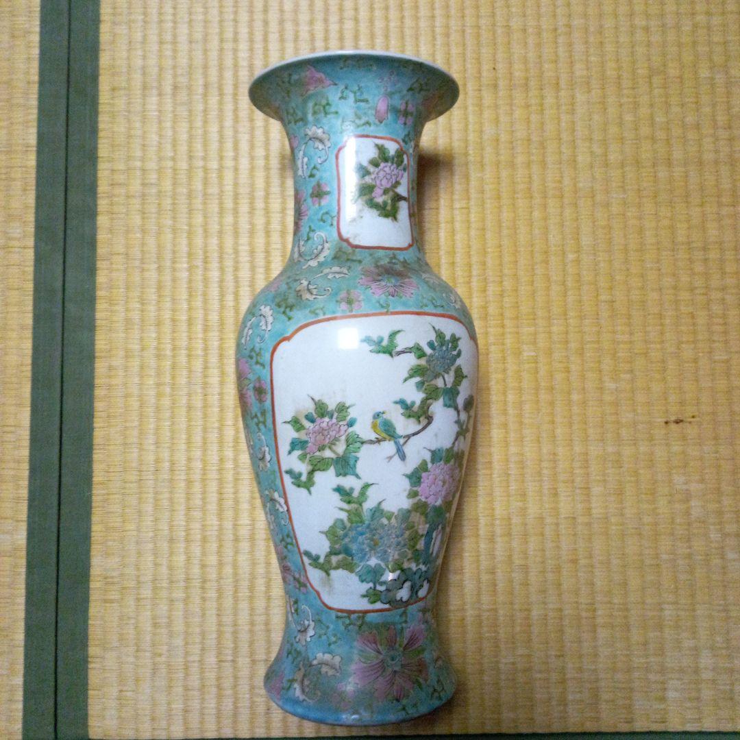 青と緑の花模様 陶器花瓶 約46cm