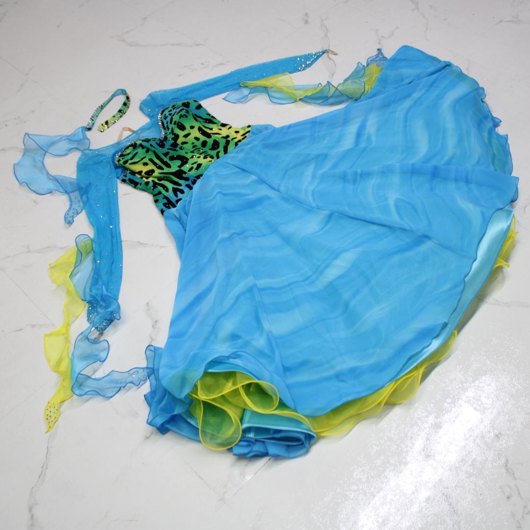 【美品 社交ダンス衣装】ブルー＆イエロー Tsukioka ワンピース ドレス