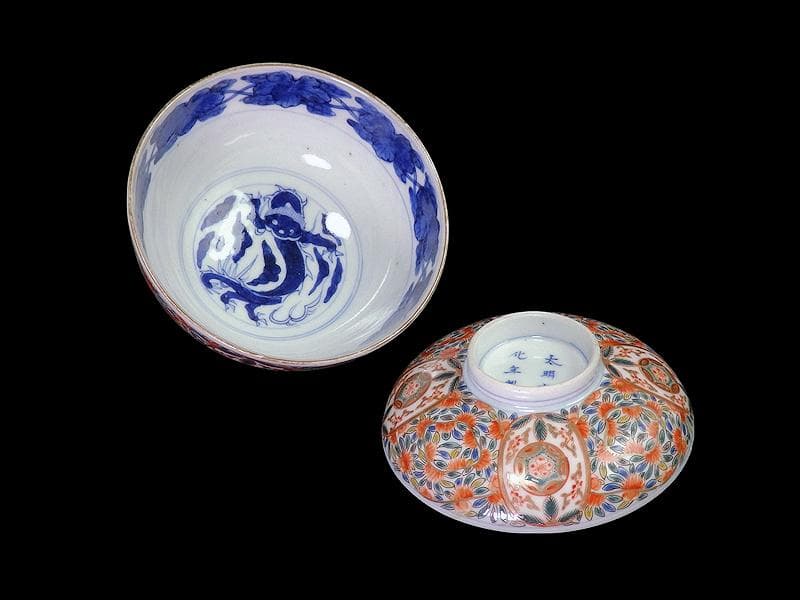 古伊万里　色絵　花繋ぎの図　蓋茶碗　江戸期　CZu