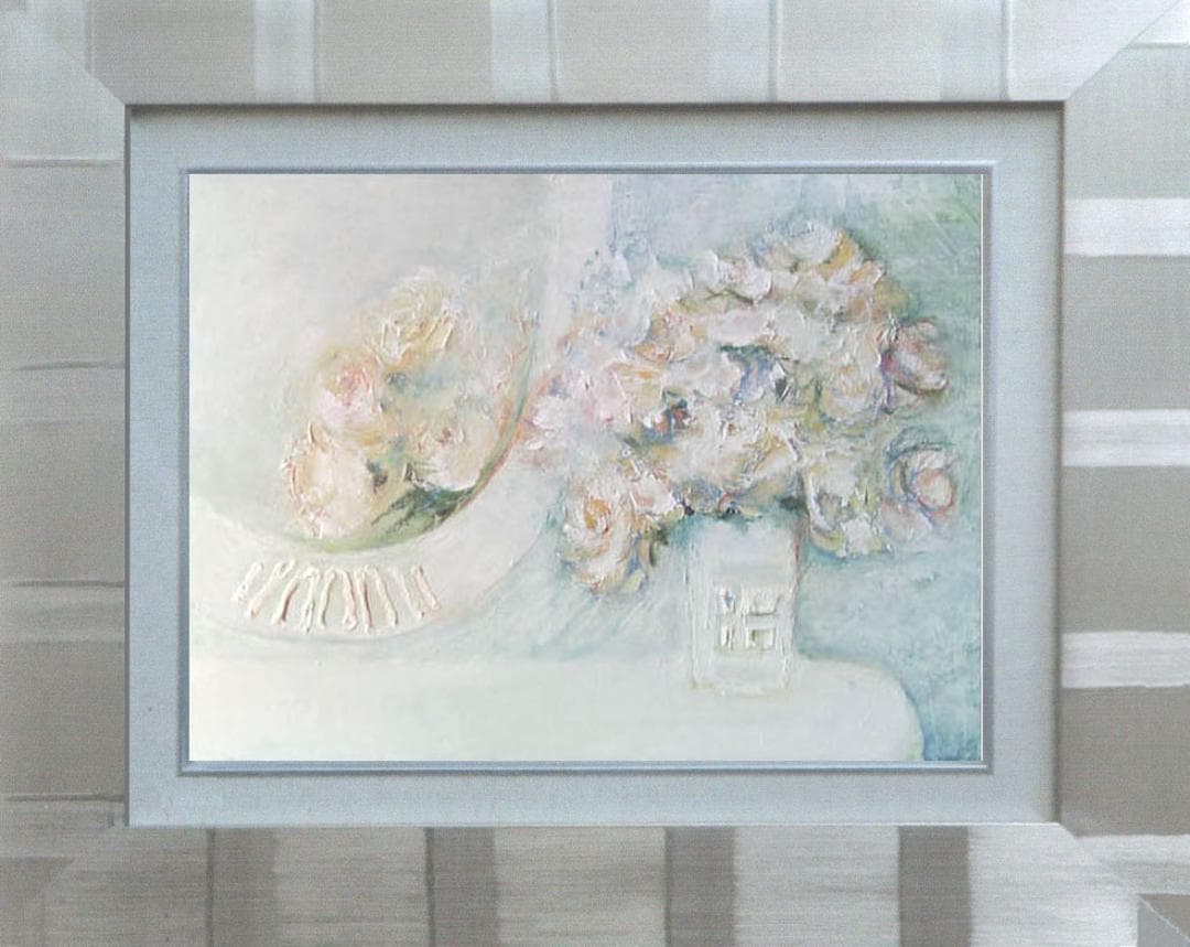 油絵 菅家令子 絵 絵画インテリア額付(青緑＋金色の枠) uF6-114002花