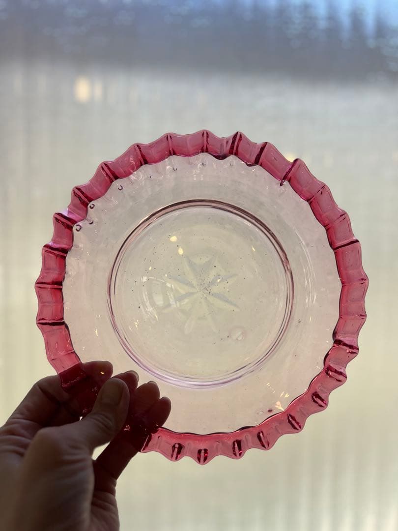 アンティーク　大正ロマン　赤縁フリル菓子器　和ガラス　氷コップ　電笠