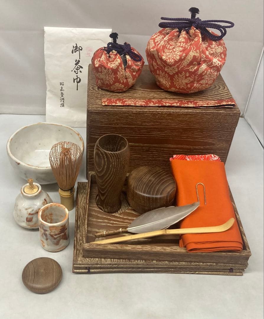 B543b 桑茶箱セット 19点　志野焼　桑木製　茶道具