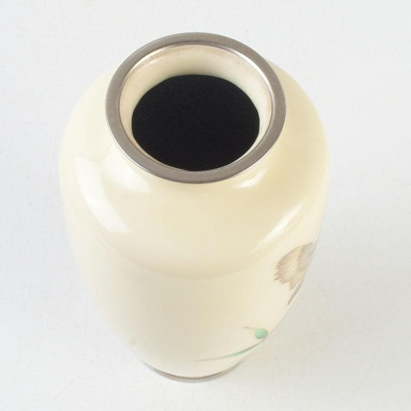 七宝焼　白釉　草鳥文　花瓶　時代箱　V　9663