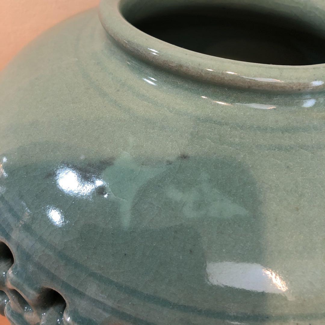 花瓶 高麗青磁 海泉作 網目 雲鶴象嵌
