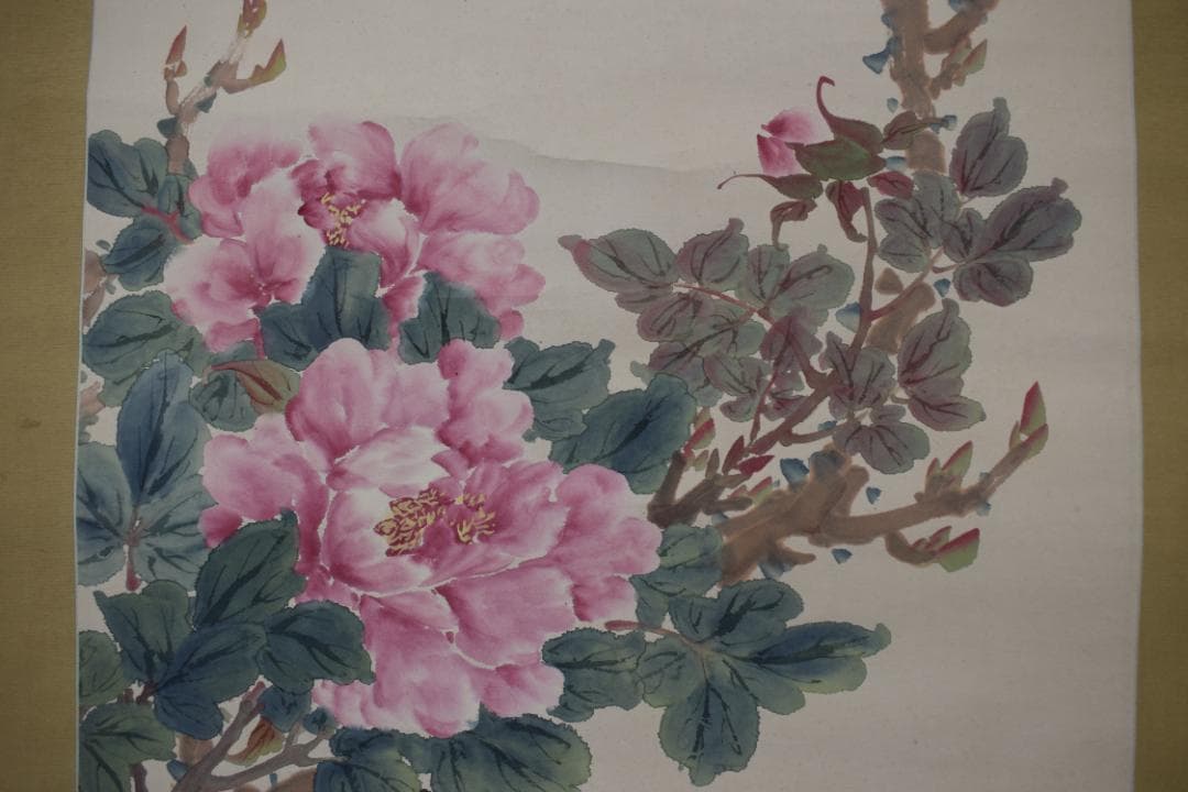 【真作】手島呉東/牡丹小禽図/小鳥/花鳥図/掛軸☆宝船☆Y-715　JM