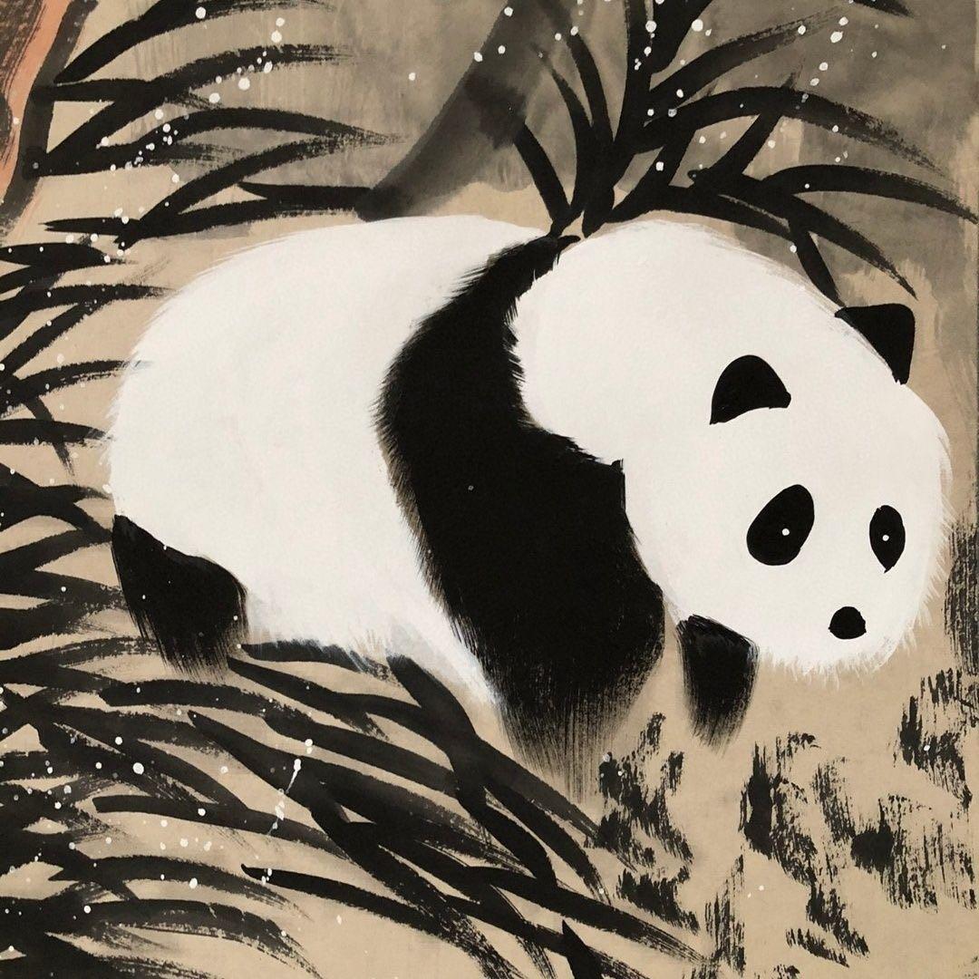 中国水墨画 四条屏 掛け軸 张大千 熊猫（パンダ）純手描き作品｜装裱済み