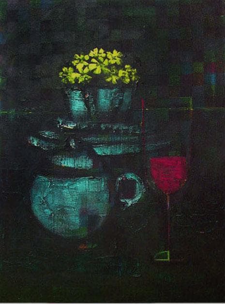 油絵 菅家令子絵 絵画インテリア額付(白) uF6-063404 静物花グラス器